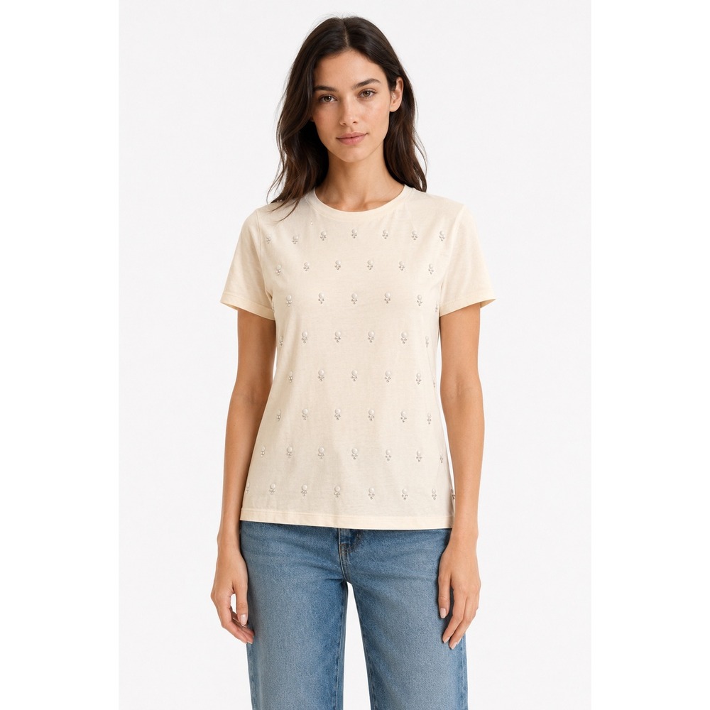 NWT J.Crew Ivory Cotton Embellished Rhinestone Cabochon T-Shirt Women's XS E6171